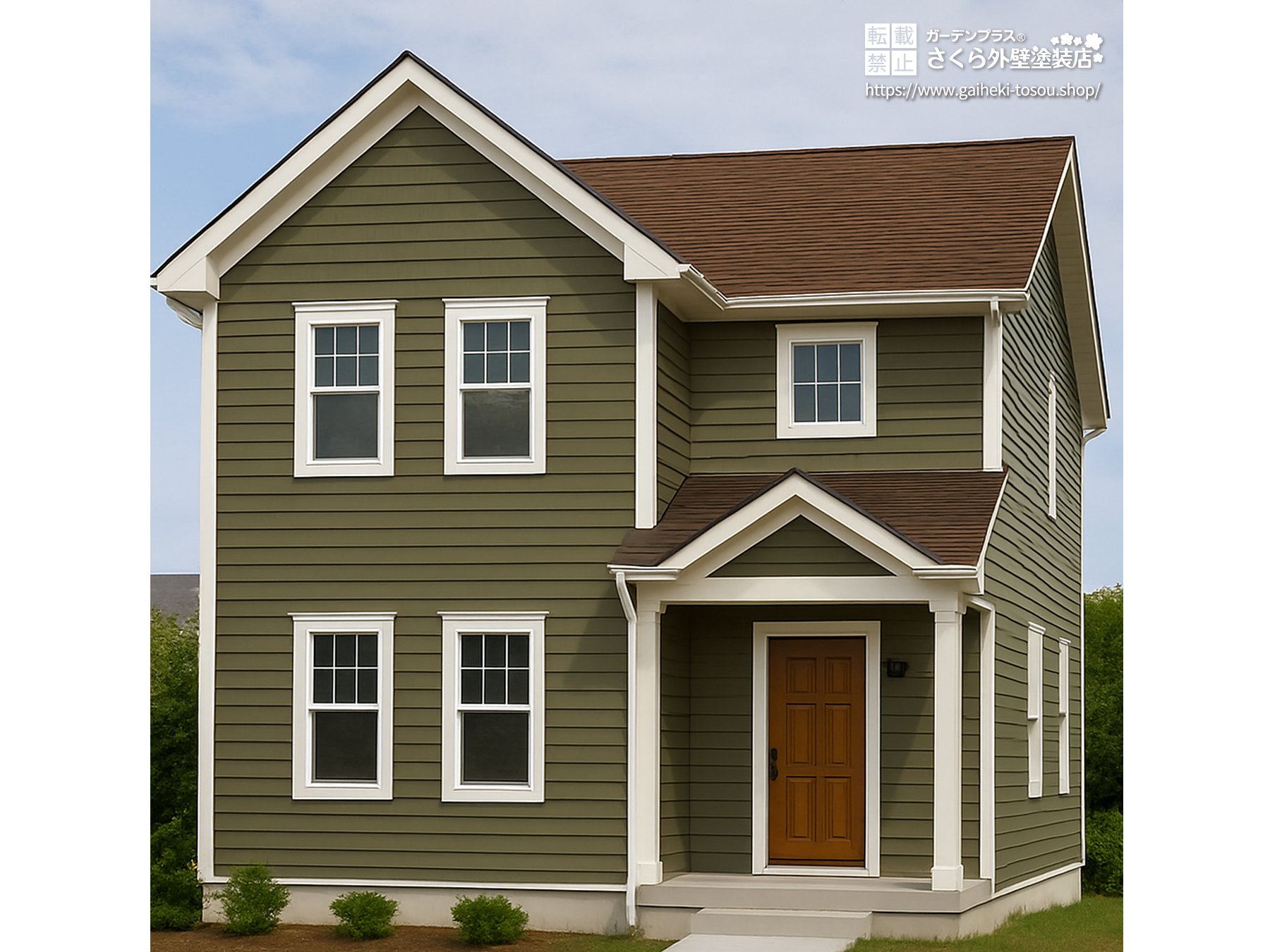 グリーン外壁×ブラウンの屋根
