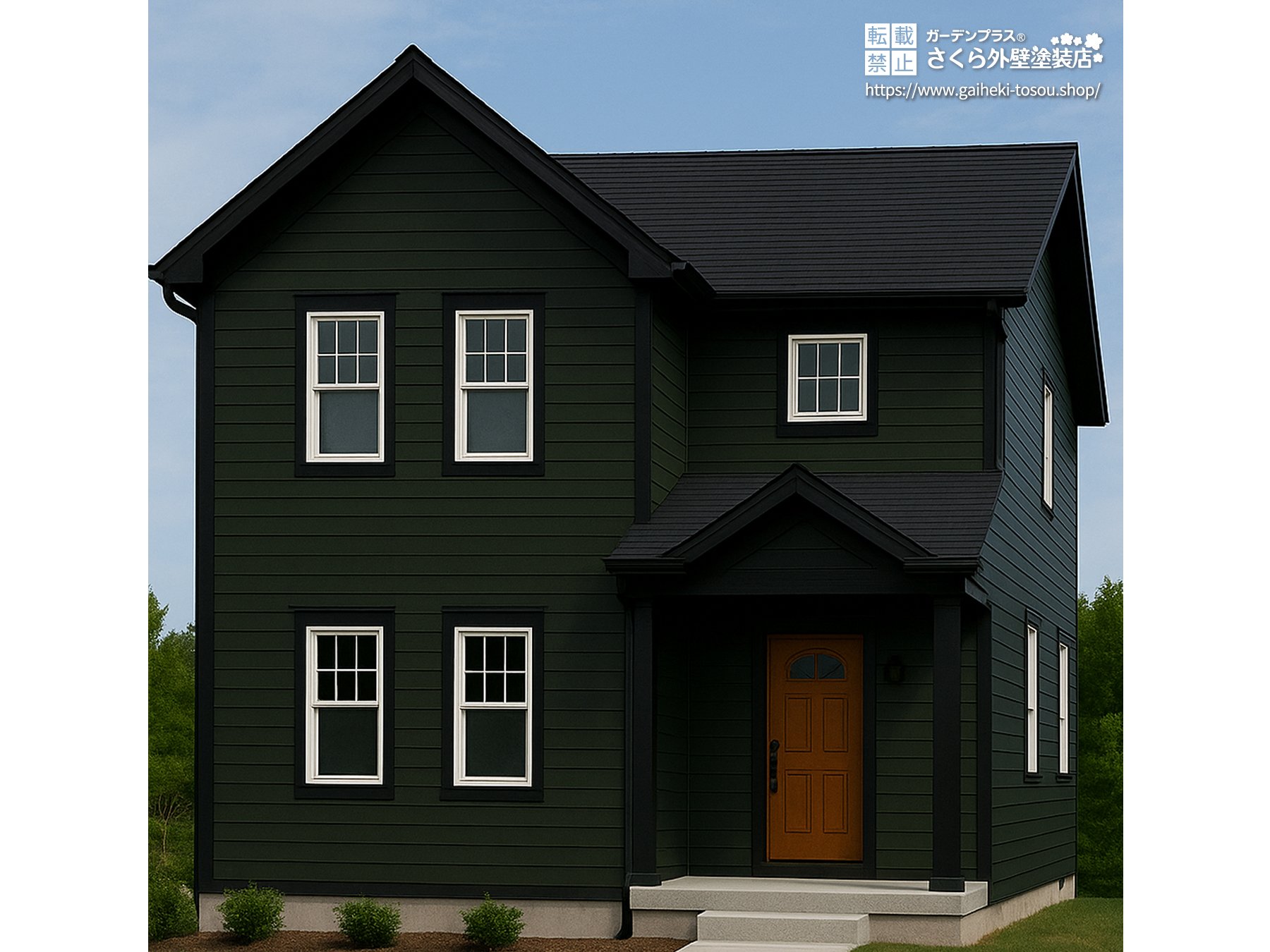 グリーン外壁×黒い屋根