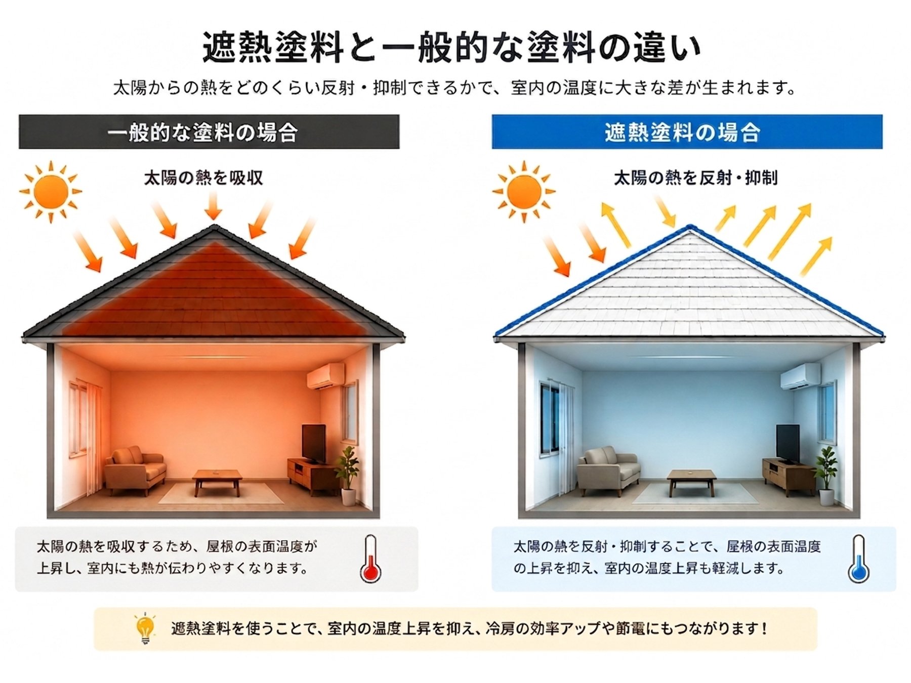 一般的な塗料と遮熱塗料の違いの図