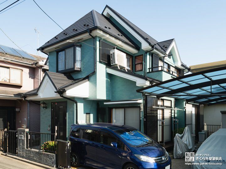 ブルーグリーンが爽やかで美しい外壁塗装 同時外構リフォーム さくら外壁塗装店 外壁塗装リフォーム工事専門店