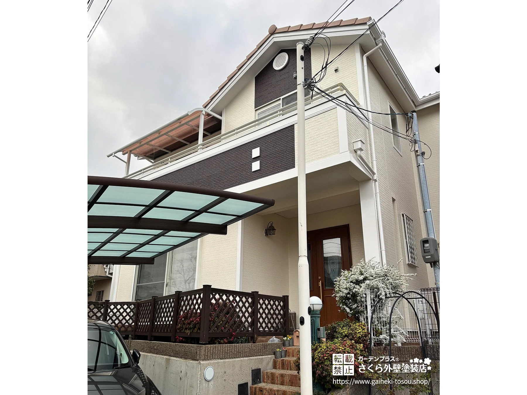 No.518 あたたかみのあるベージュにブラウンの差し色がおしゃれなお住まいの外壁・屋根塗装工事[塗装後]