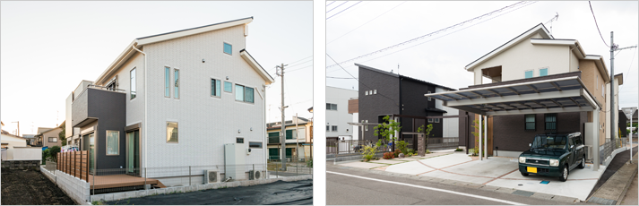 3階と2階部分に屋根のある差しかけ屋根の建物/緩やかな勾配の差しかけ屋根