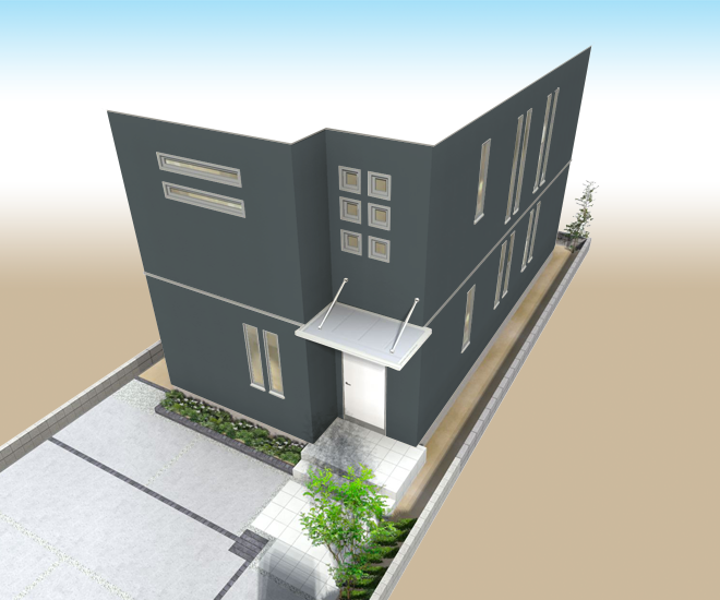 シンプルモダン住宅のシンプルなダークグレー色の外壁塗装