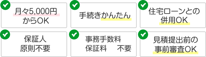 月々5,000円からOK 手続きかんたん 住宅ローンとの併用OK 保証人原則不要 事務手数料・保証料不要 新築/リフォーム両方OK